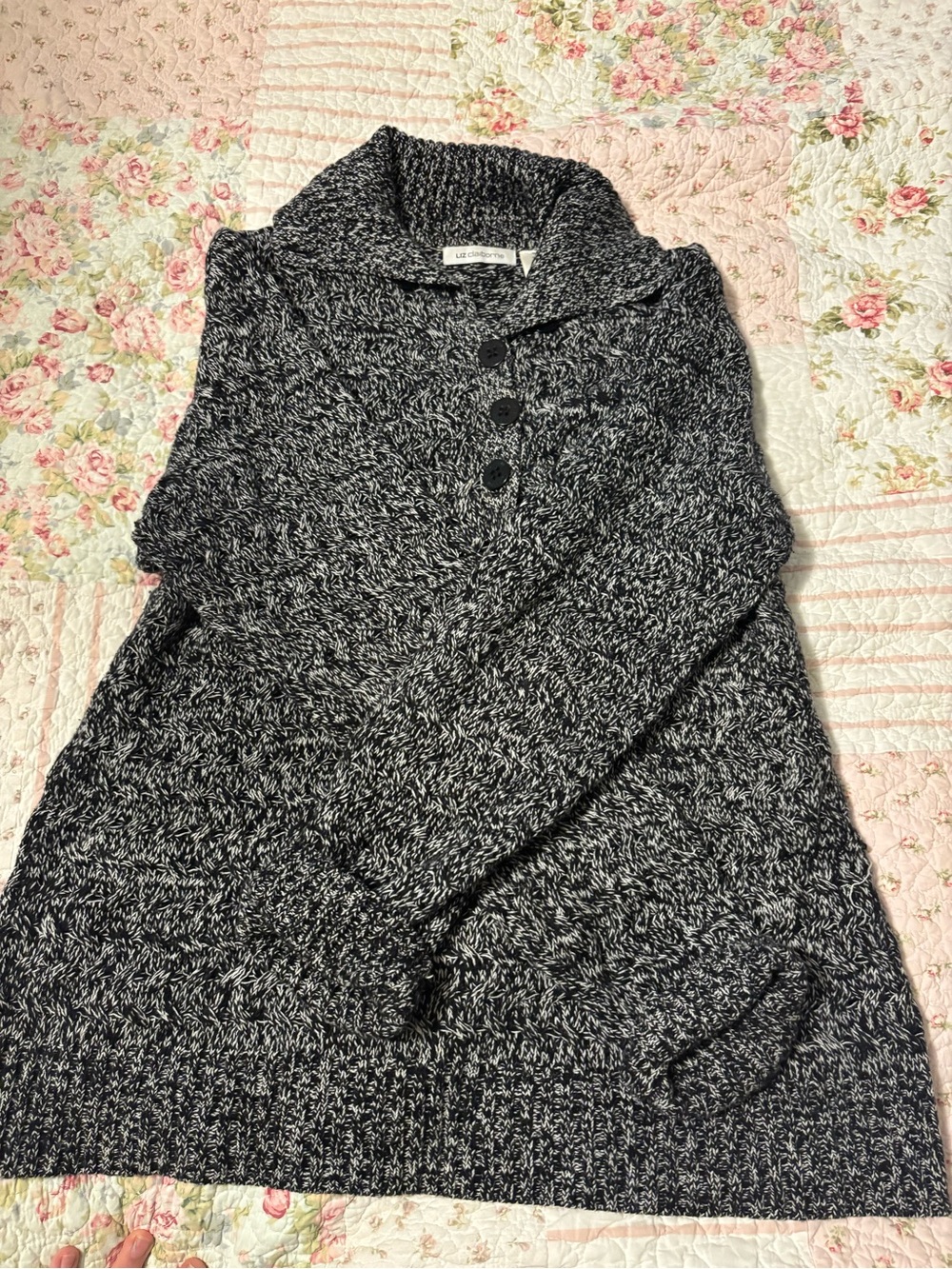 Liz Claiborne Black & White Marled Cowl Button Sweater